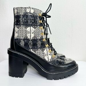 Tory Burch Miller Lug-sole Lace-Up Boots Size 8.5 Tweed Wool Booties